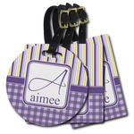 Purple Gingham & Stripe Plastic Luggage Tag (Personalized)