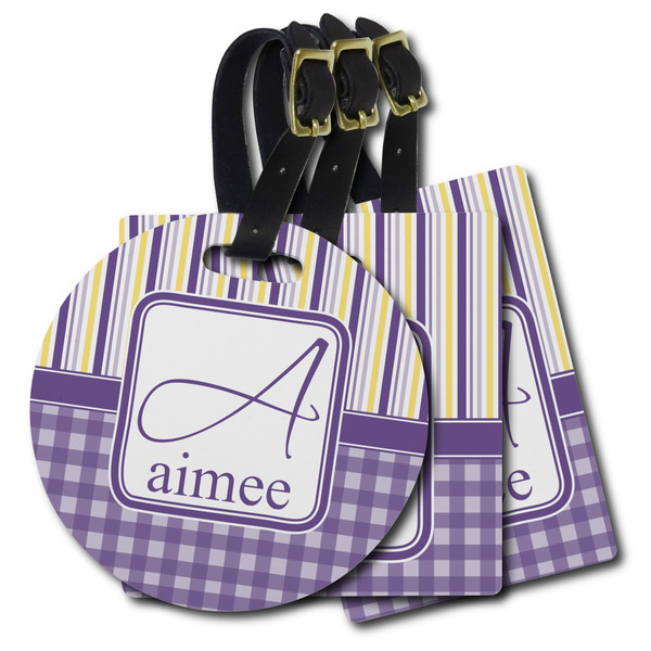 Custom Purple Gingham & Stripe Plastic Luggage Tag (Personalized)