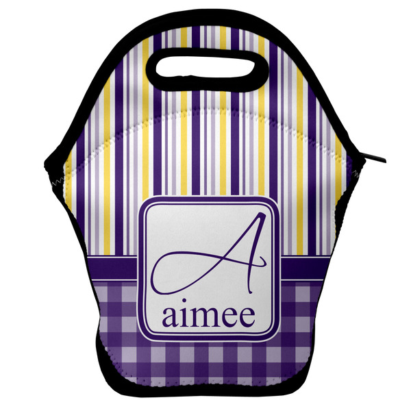 Custom Purple Gingham & Stripe Lunch Bag w/ Name and Initial