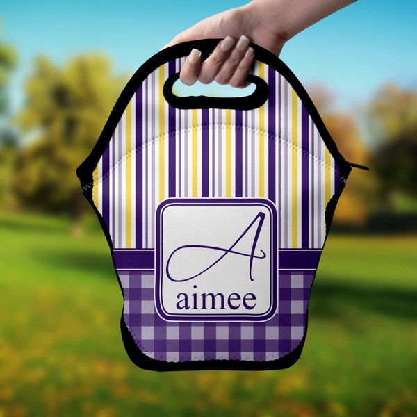 Purple Gingham & Stripe Lunch Bag - Hand