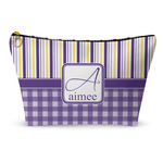 Purple Gingham & Stripe Makeup Bag - Large - 12.5"x7" (Personalized)