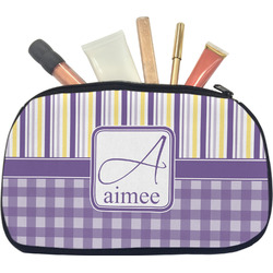 Purple Gingham & Stripe Makeup / Cosmetic Bag - Medium (Personalized)