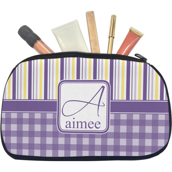 Custom Purple Gingham & Stripe Makeup / Cosmetic Bag - Medium (Personalized)