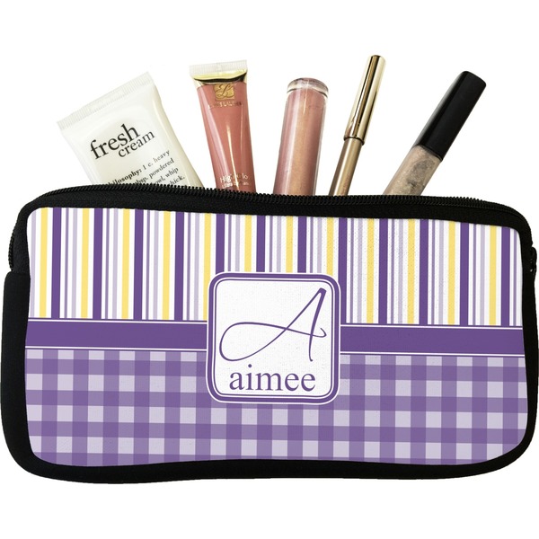 Custom Purple Gingham & Stripe Makeup / Cosmetic Bag (Personalized)