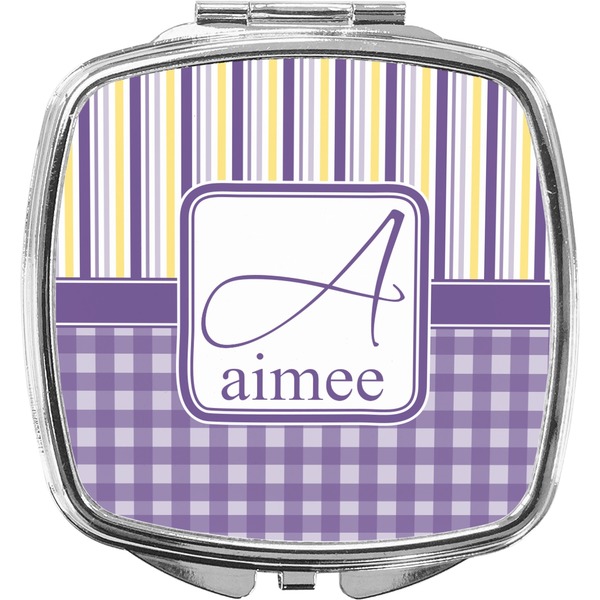 Custom Purple Gingham & Stripe Compact Makeup Mirror (Personalized)