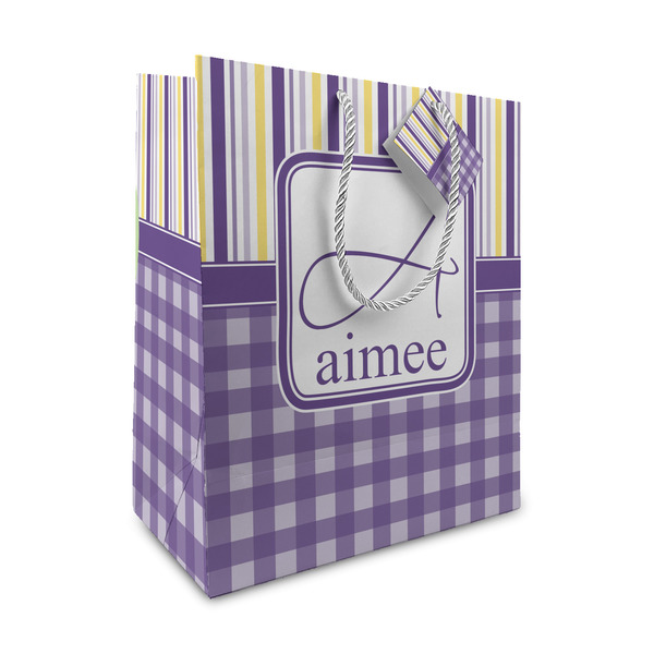 Custom Purple Gingham & Stripe Medium Gift Bag (Personalized)