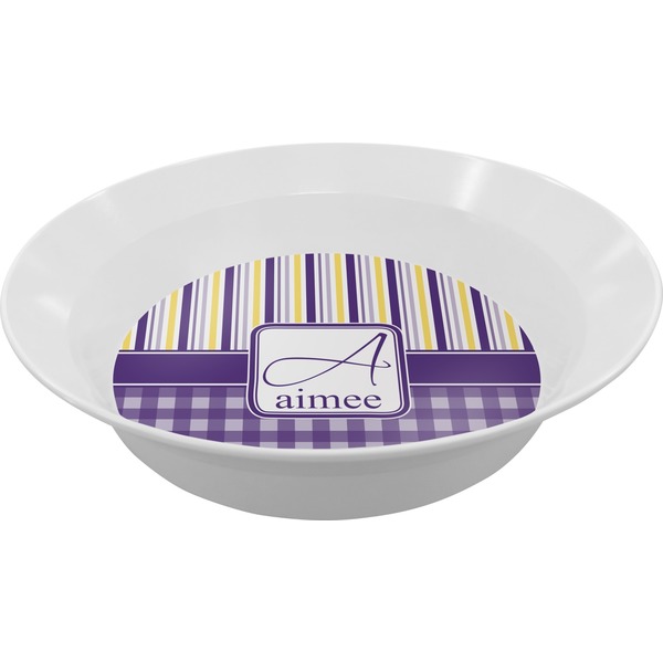 Custom Purple Gingham & Stripe Melamine Bowl (Personalized)