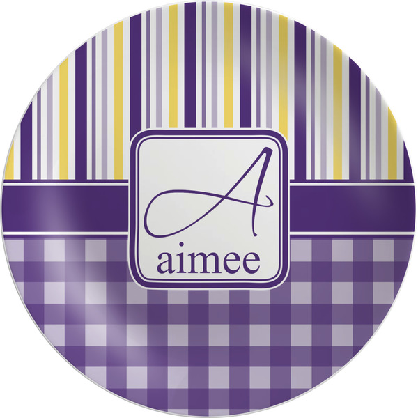 Custom Purple Gingham & Stripe Melamine Salad Plate - 8" (Personalized)