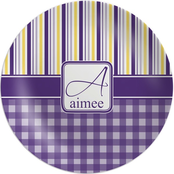 Custom Purple Gingham & Stripe Melamine Plate (Personalized)