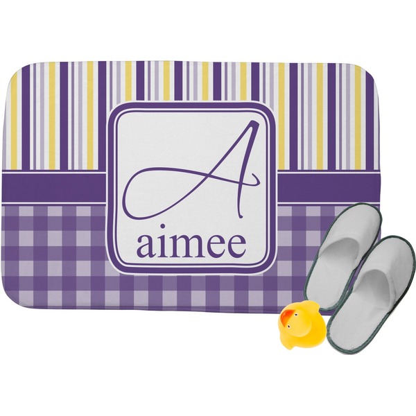 Custom Purple Gingham & Stripe Memory Foam Bath Mat (Personalized)