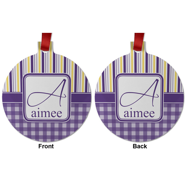 Purple Gingham & Stripe Metal Ball Ornament - Front and Back