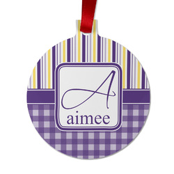 Purple Gingham & Stripe Metal Ball Ornament - Double Sided w/ Name and Initial