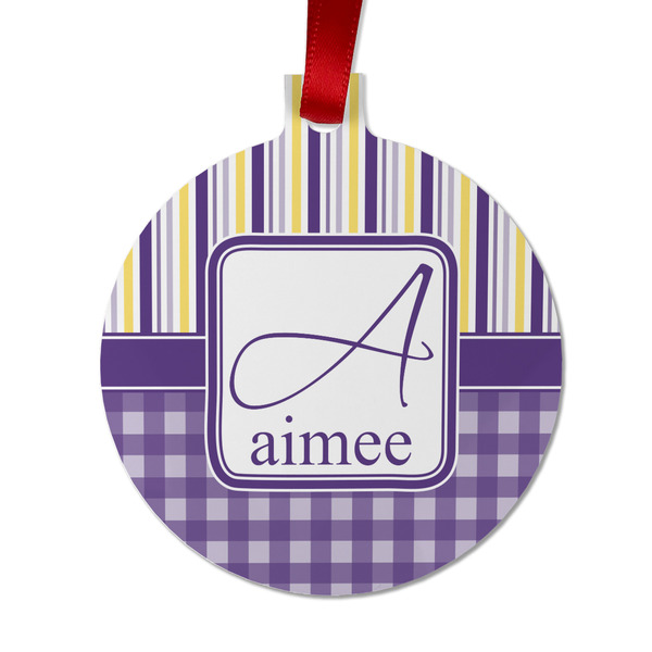 Custom Purple Gingham & Stripe Metal Ball Ornament - Double Sided w/ Name and Initial