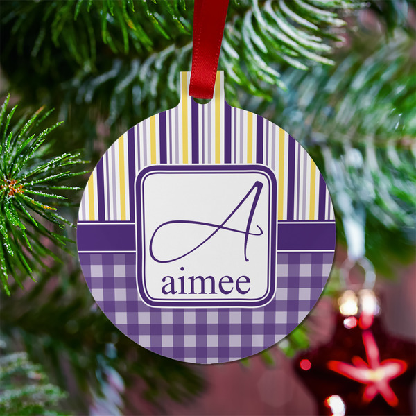 Purple Gingham & Stripe Metal Ball Ornament - Lifestyle
