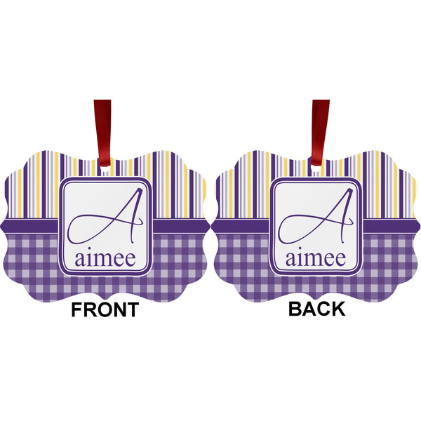 Purple Gingham & Stripe Metal Benilux Ornament - Front and Back (APPROVAL)