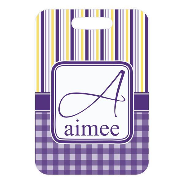 Purple Gingham & Stripe Metal Luggage Tag - Front Without Strap