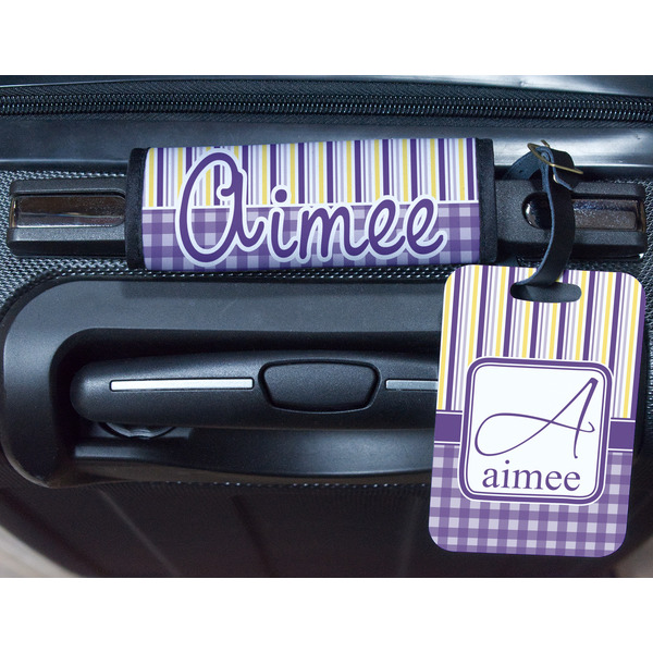 Purple Gingham & Stripe Metal Luggage Tag & Handle Wrap - In Context