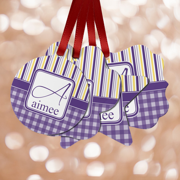 Custom Purple Gingham & Stripe Metal Ornaments - Double Sided w/ Name and Initial