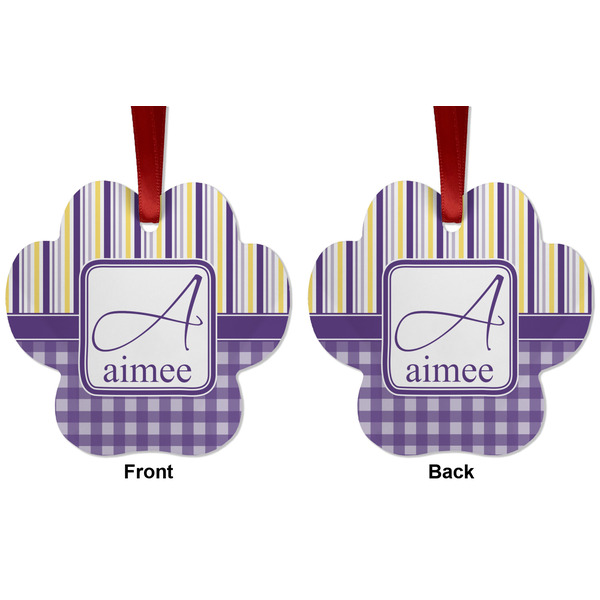 Purple Gingham & Stripe Metal Paw Ornament - Front and Back
