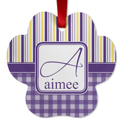 Purple Gingham & Stripe Metal Paw Ornament - Double Sided w/ Name and Initial