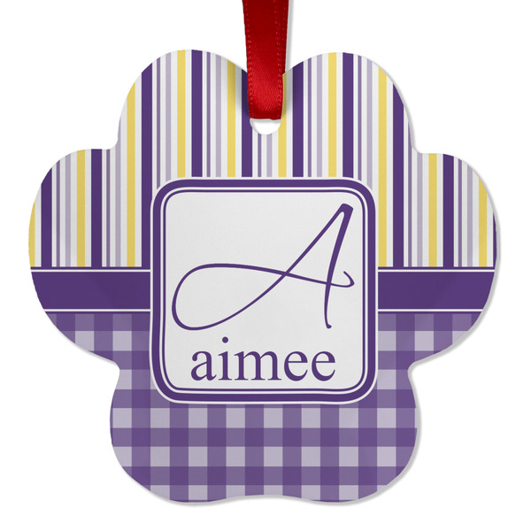 Custom Purple Gingham & Stripe Metal Paw Ornament - Double Sided w/ Name and Initial