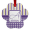 Purple Gingham & Stripe Metal Paw Ornament - Double Sided w/ Name and Initial