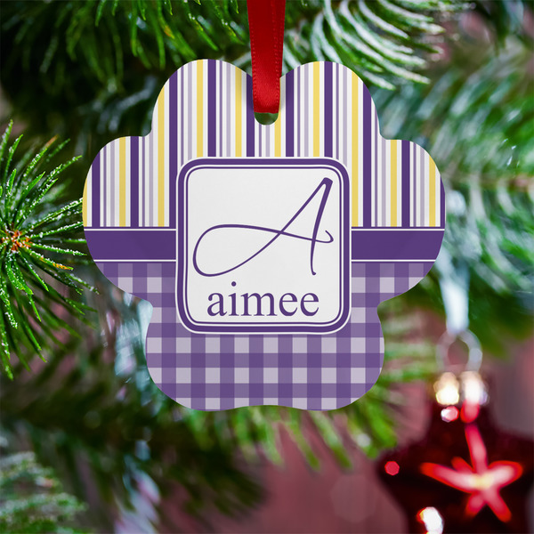 Purple Gingham & Stripe Metal Paw Ornament - Lifestyle