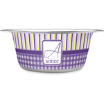 Purple Gingham & Stripe Stainless Steel Dog Bowl (Personalized)
