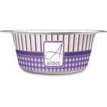Purple Gingham & Stripe Stainless Steel Dog Bowl - Large (Personalized)