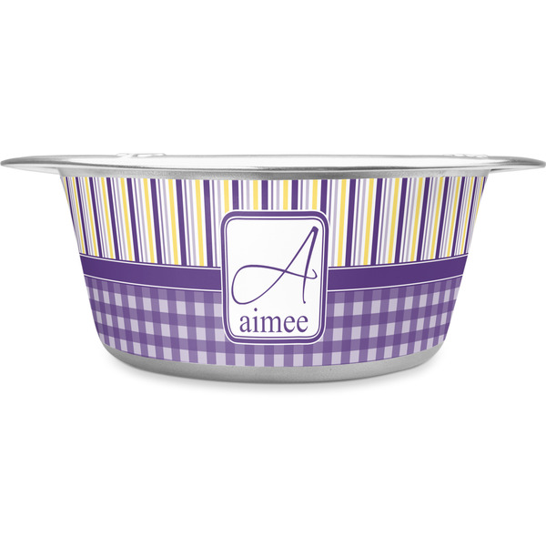 Custom Purple Gingham & Stripe Stainless Steel Dog Bowl (Personalized)