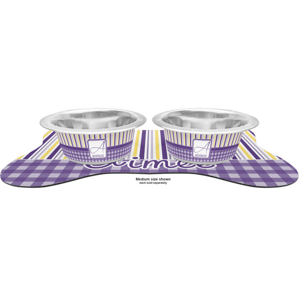 Purple Gingham & Stripe Metal Pet Bowls - On Dog Bone Shaped Mat