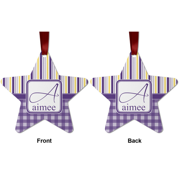 Purple Gingham & Stripe Metal Star Ornament - Front and Back