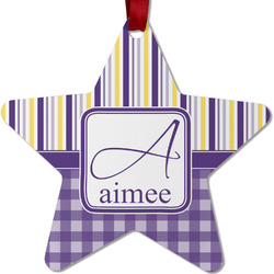 Purple Gingham & Stripe Metal Star Ornament - Double Sided w/ Name and Initial