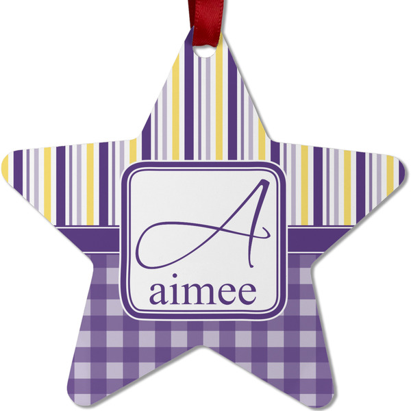 Custom Purple Gingham & Stripe Metal Star Ornament - Double Sided w/ Name and Initial