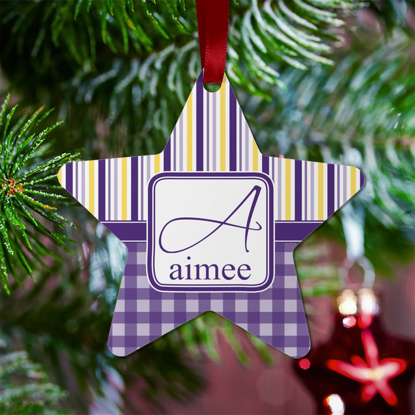 Purple Gingham & Stripe Metal Star Ornament - Lifestyle
