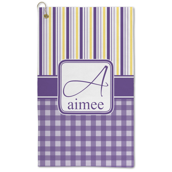Custom Purple Gingham & Stripe Microfiber Golf Towel (Personalized)