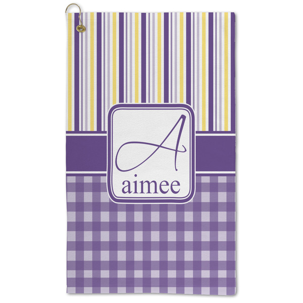Custom Purple Gingham & Stripe Microfiber Golf Towel (Personalized)