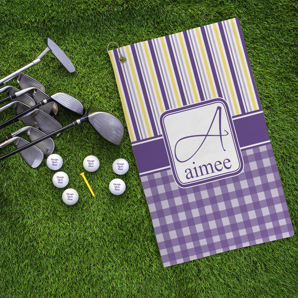 Purple Gingham & Stripe Microfiber Golf Towels - LIFESTYLE