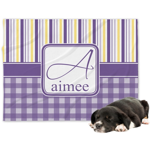 Custom Purple Gingham & Stripe Dog Blanket - Large (Personalized)