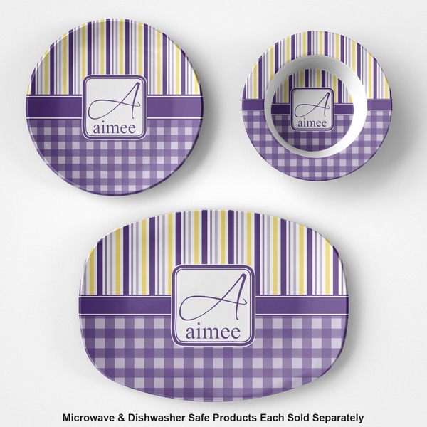 Purple Gingham & Stripe Microwave & Dishwasher Safe CP Plastic Dishware - Group