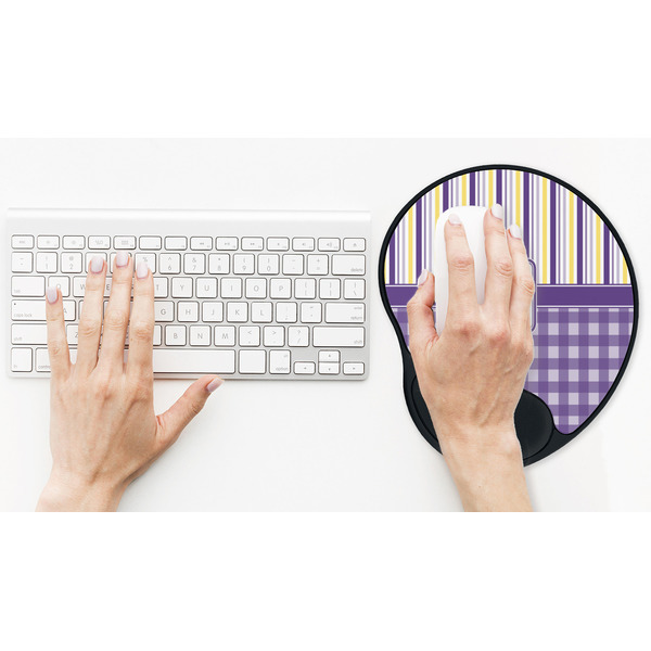 Purple Gingham & Stripe Mouse Pad with Wrist Rest - LIFESYTLE 2 (in use)