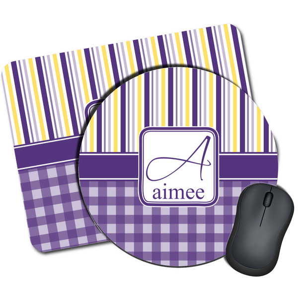 Custom Purple Gingham & Stripe Mouse Pad (Personalized)