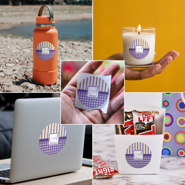 Purple Gingham & Stripe Multipurpose Round Labels - In Context