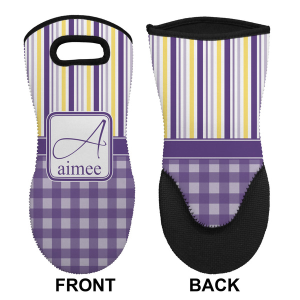 Purple Gingham & Stripe Neoprene Oven Mitt (Front & Back)