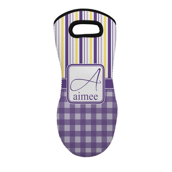 Custom Purple Gingham & Stripe Neoprene Oven Mitt - Single w/ Name and Initial