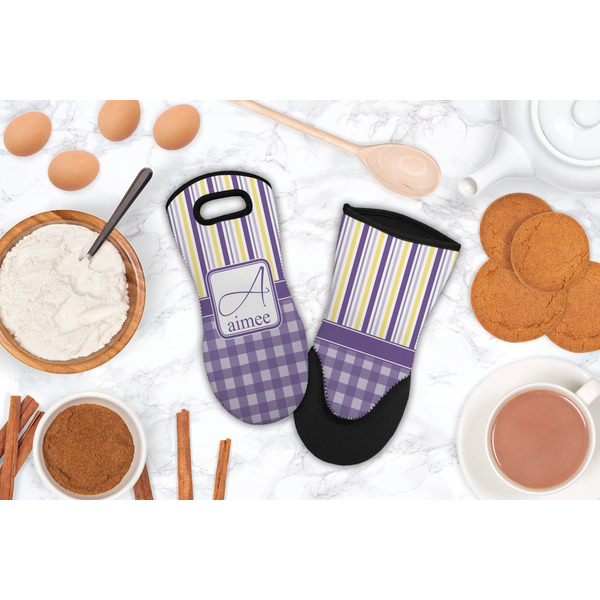 Purple Gingham & Stripe Neoprene Oven Mitt - Lifestyle Image