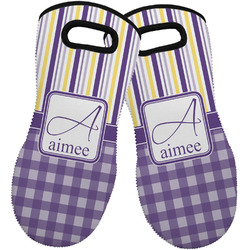 Purple Gingham & Stripe Neoprene Oven Mitts - Set of 2 w/ Name and Initial