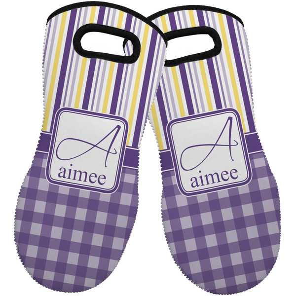 Custom Purple Gingham & Stripe Neoprene Oven Mitts - Set of 2 w/ Name and Initial