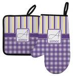 Purple Gingham & Stripe Left Oven Mitt & Pot Holder Set w/ Name and Initial