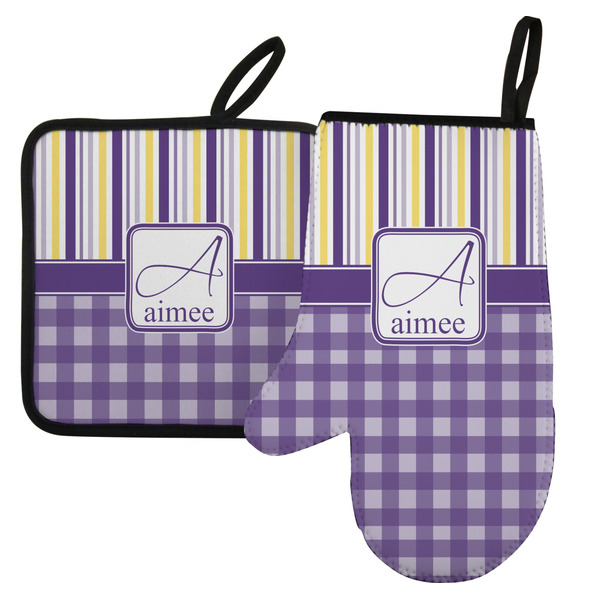 Custom Purple Gingham & Stripe Left Oven Mitt & Pot Holder Set w/ Name and Initial
